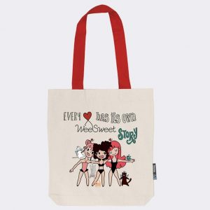 Shopper bag per utilizzo quotidiano, in tessuto resistente e con stampa personaggi Weesweet davanti. Cotone 100% organico colore ecru con manici in contrasto colore rosso